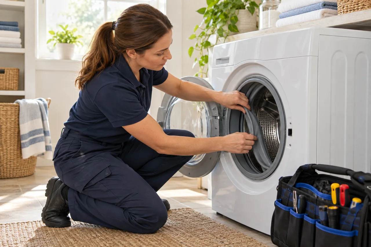 Appliance technician inspecting the door seal of a front-loading washer