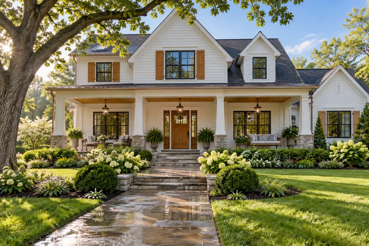 A welcoming American home with a front porch and garden