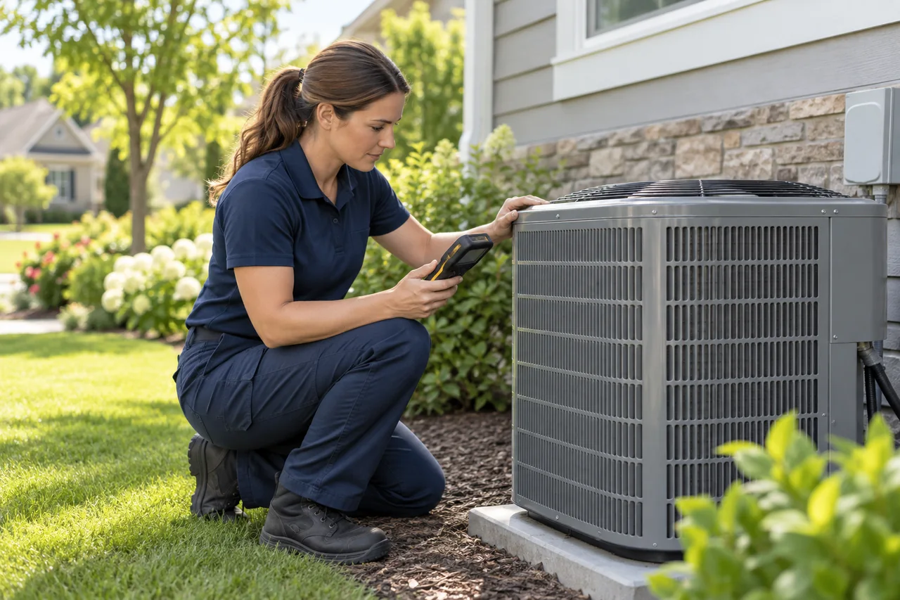 Technician inspecting an outdoor air conditioning unit beside a home