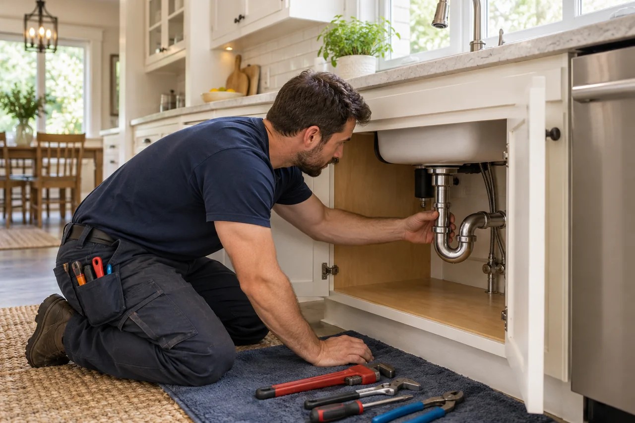 Plumber inspecting pipework under a kitchen sink