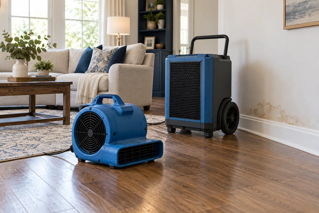 Air mover and dehumidifier in a living room with water damage near the baseboard